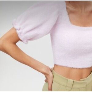 Urban Outfitters Pink Fuzzy Puff Sleeve Square Neck Cropped Sweater Top M